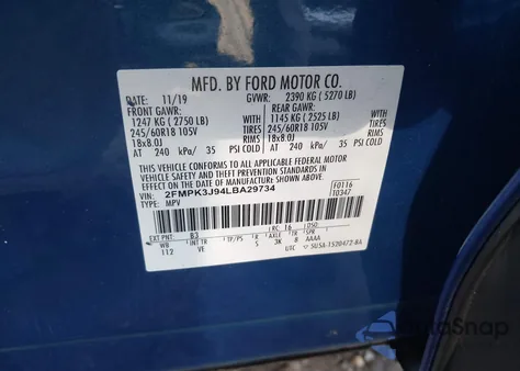 2020 Ford Edge Sel из США, поврежденный, VIN 2FMPK3J94LBA29734